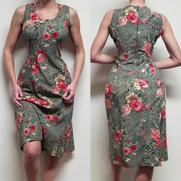 VINTAGE 80s Dorby Boho Black Snakeskin Red Rose Sleeveless A-line Midi Dress 12 - Picture 1 of 13
